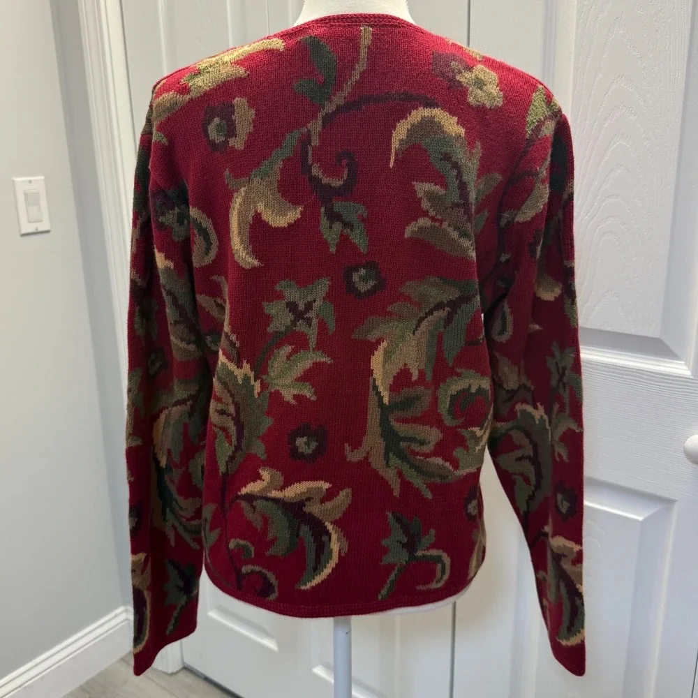 Vintage 90s Talbots Leaf Fall Print Full Zip Cardigan Knit Sweater Womens Medium